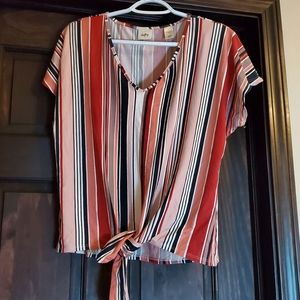 Daytrip S Pink, Navy, and White Blouse that Ties in Front